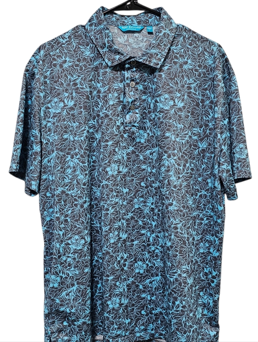Tori Richard Honolulu Men's Blue & Grey Hawaiian Print Polo Summer Casual Size L
